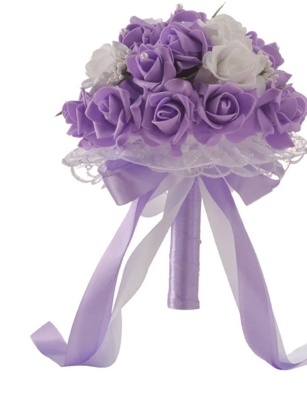 Lavender and White Satin Rose Bridal Bouquet with Ribbon Handle